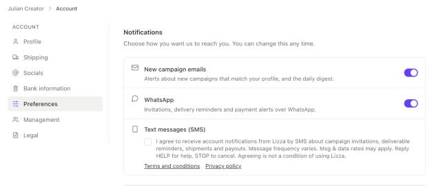Lizza account preferences page with an unticked SMS checkbox, the full consent text, and links to the terms and conditions and the privacy policy.