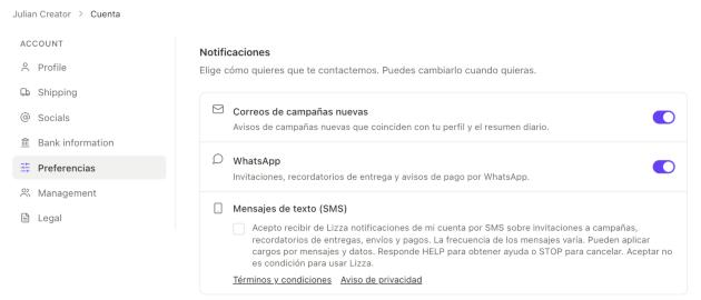 Página de preferencias de la cuenta de Lizza con la casilla de SMS sin marcar, el texto completo del consentimiento y enlaces a los términos y condiciones y al aviso de privacidad.